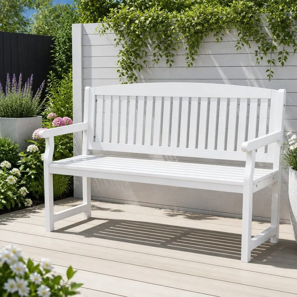 Wooden Garden Bench White 2 Seater Outdoor Patio Lounge Chair with Ventilated Backrest