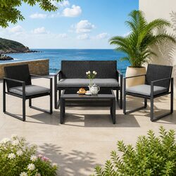 4 Piece Outdoor Rattan Sofa Set with Storage Cover Armchairs Table Black