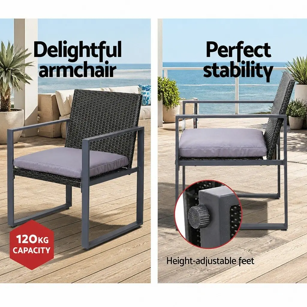 4 Piece Outdoor Sofa Set Black Cushioned Seating Tempered Glass Table UV Resistant Wicker
