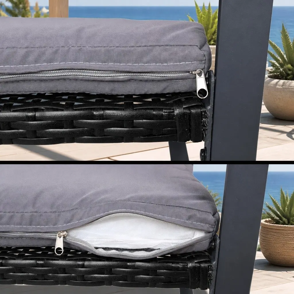 4 Piece Outdoor Sofa Set Black Cushioned Seating Tempered Glass Table UV Resistant Wicker