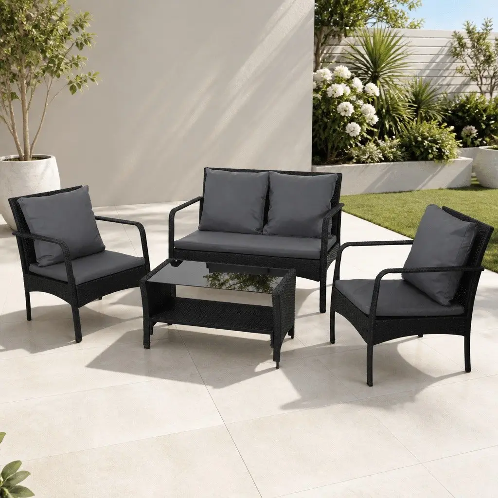Outdoor Sofa Set Black 4-Piece Lounge Wicker Chairs Table Weather-resistant with Thick Cushions