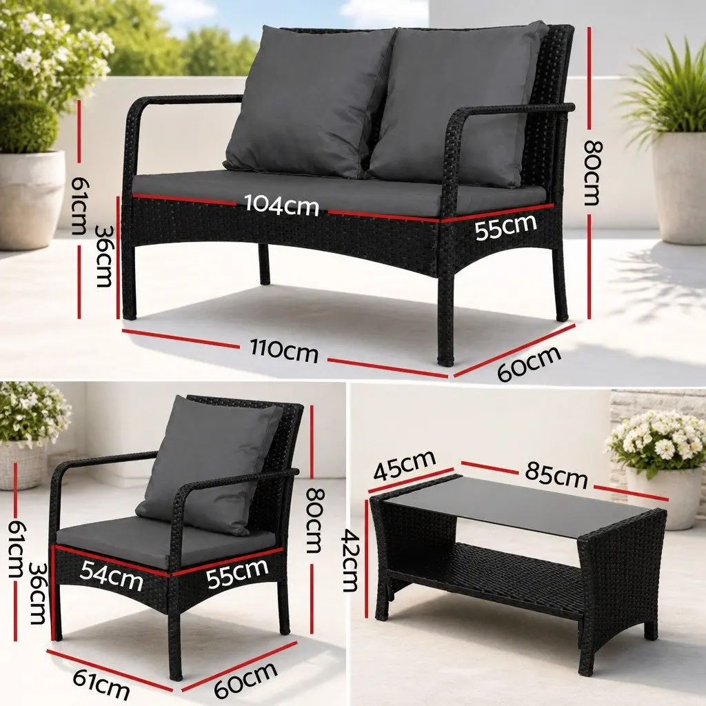 Outdoor Sofa Set Black 4-Piece Lounge Wicker Chairs Table Weather-resistant with Thick Cushions