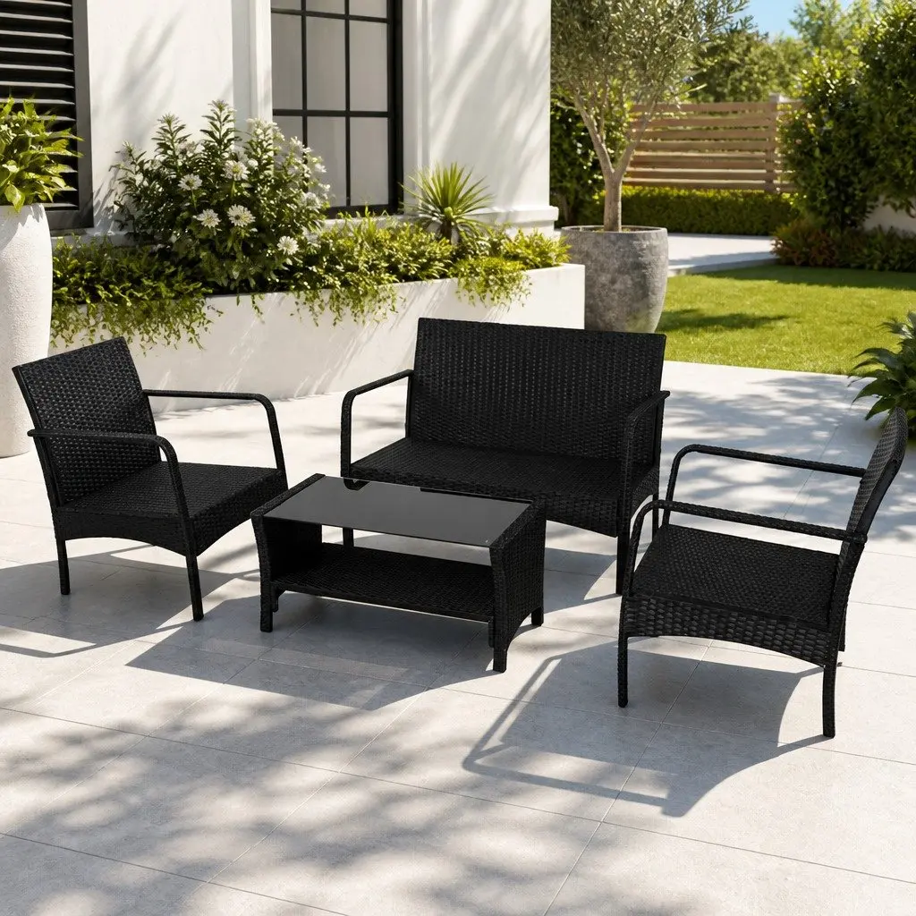 Outdoor Sofa Set Black 4-Piece Lounge Wicker Chairs Table Weather-resistant with Thick Cushions