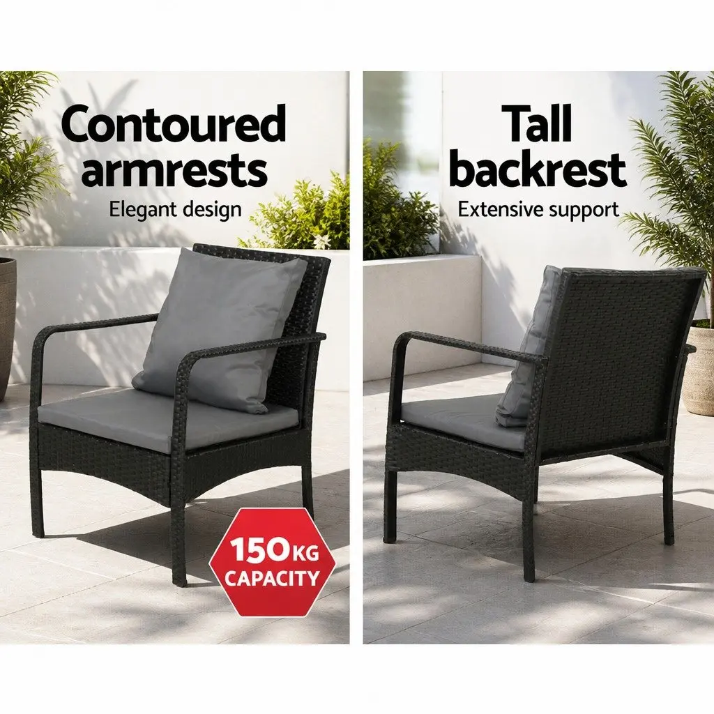 Outdoor Sofa Set Black 4-Piece Lounge Wicker Chairs Table Weather-resistant with Thick Cushions