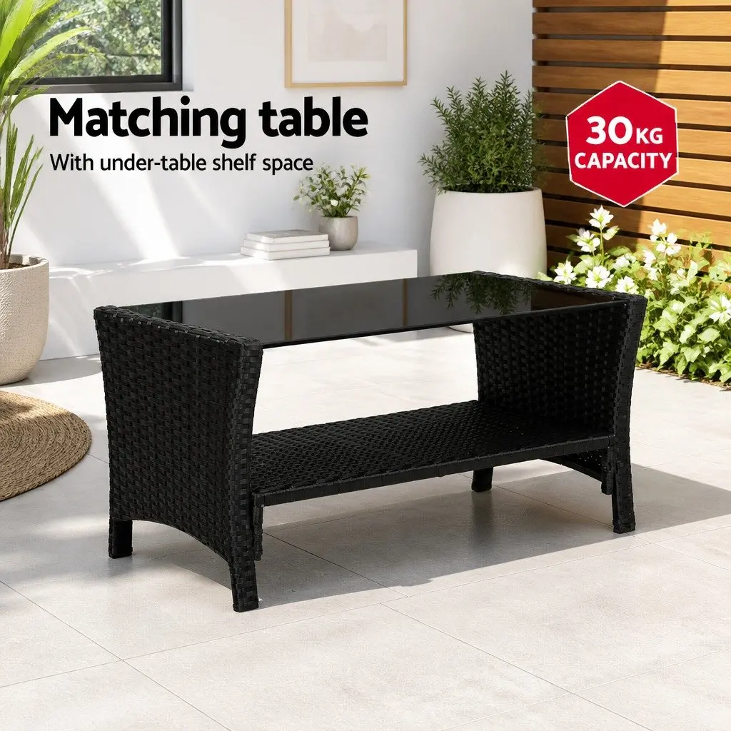 Outdoor Sofa Set Black 4-Piece Lounge Wicker Chairs Table Weather-resistant with Thick Cushions