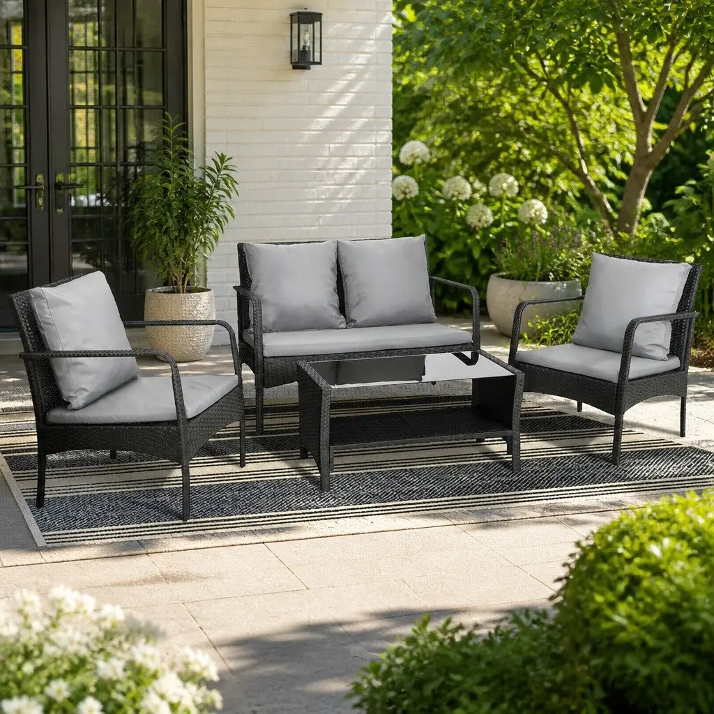 Outdoor Sofa Set Black 4-Piece Lounge Wicker Chairs Table Weather-resistant with Thick Cushions