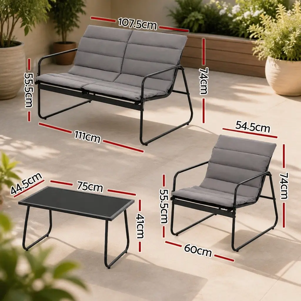 4 Piece Outdoor Sofa Set Black Textilene Durable Powder-Coated Steel Frame with Tempered Glass Table for Patio Balcony Garden