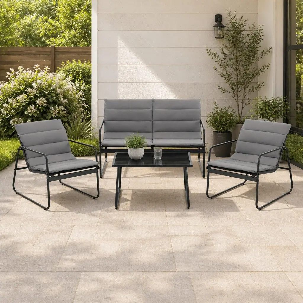 4 Piece Outdoor Sofa Set Black Textilene Durable Powder-Coated Steel Frame with Tempered Glass Table for Patio Balcony Garden