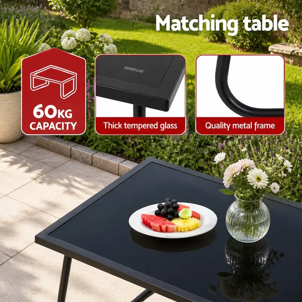 4 Piece Outdoor Sofa Set Black Textilene Durable Powder-Coated Steel Frame with Tempered Glass Table for Patio Balcony Garden