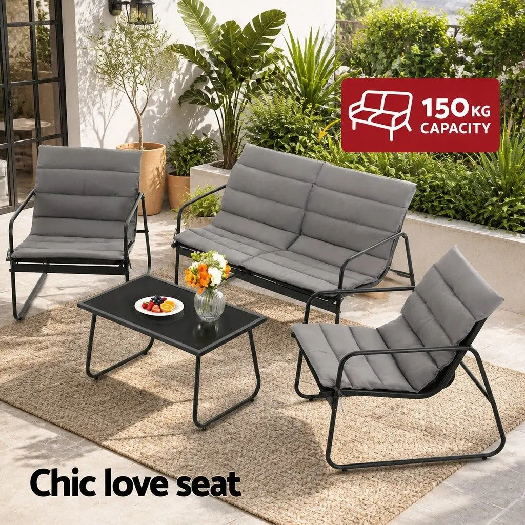4 Piece Outdoor Sofa Set Black Textilene Durable Powder-Coated Steel Frame with Tempered Glass Table for Patio Balcony Garden