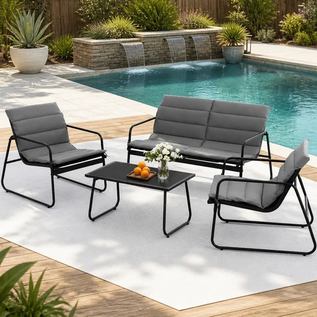 4 Piece Outdoor Sofa Set Black Textilene Durable Powder-Coated Steel Frame with Tempered Glass Table for Patio Balcony Garden
