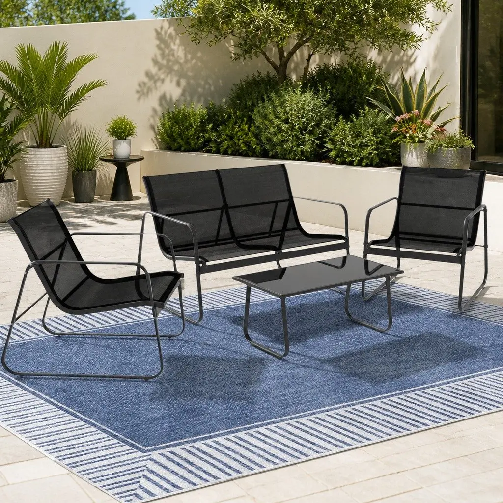 Outdoor Sofa Set Black 4 Piece Durable Powder Coated Steel Frame Weather Resistant Textilene Fabric Tempered Glass Tabletop