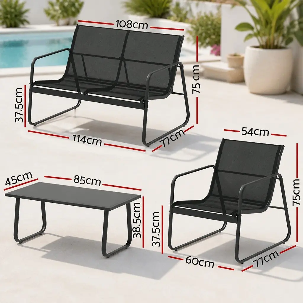 Outdoor Sofa Set Black 4 Piece Durable Powder Coated Steel Frame Weather Resistant Textilene Fabric Tempered Glass Tabletop