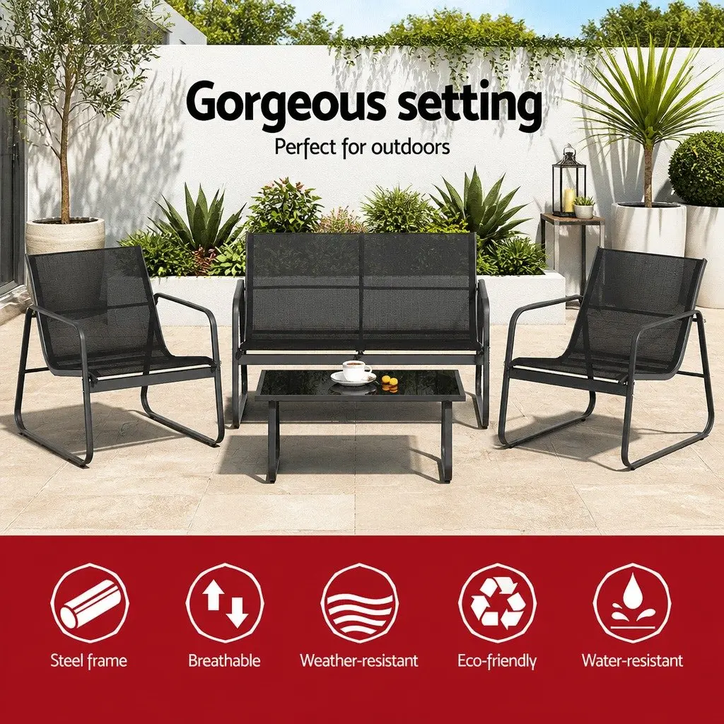 Outdoor Sofa Set Black 4 Piece Durable Powder Coated Steel Frame Weather Resistant Textilene Fabric Tempered Glass Tabletop