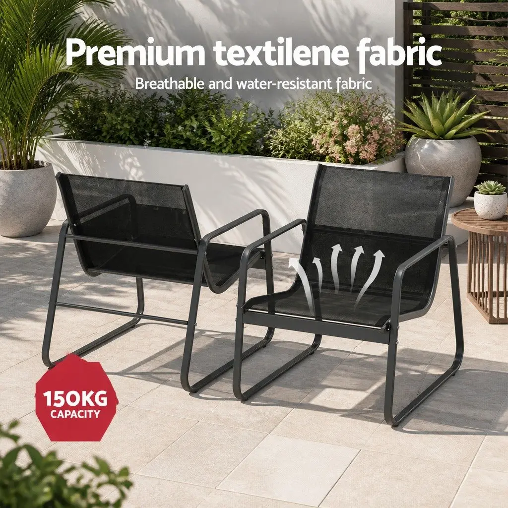 Outdoor Sofa Set Black 4 Piece Durable Powder Coated Steel Frame Weather Resistant Textilene Fabric Tempered Glass Tabletop