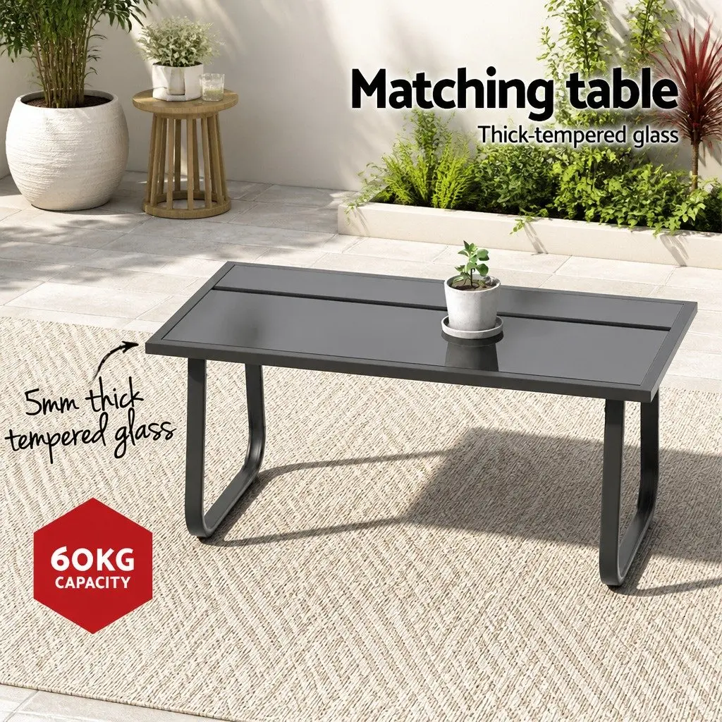 Outdoor Sofa Set Black 4 Piece Durable Powder Coated Steel Frame Weather Resistant Textilene Fabric Tempered Glass Tabletop