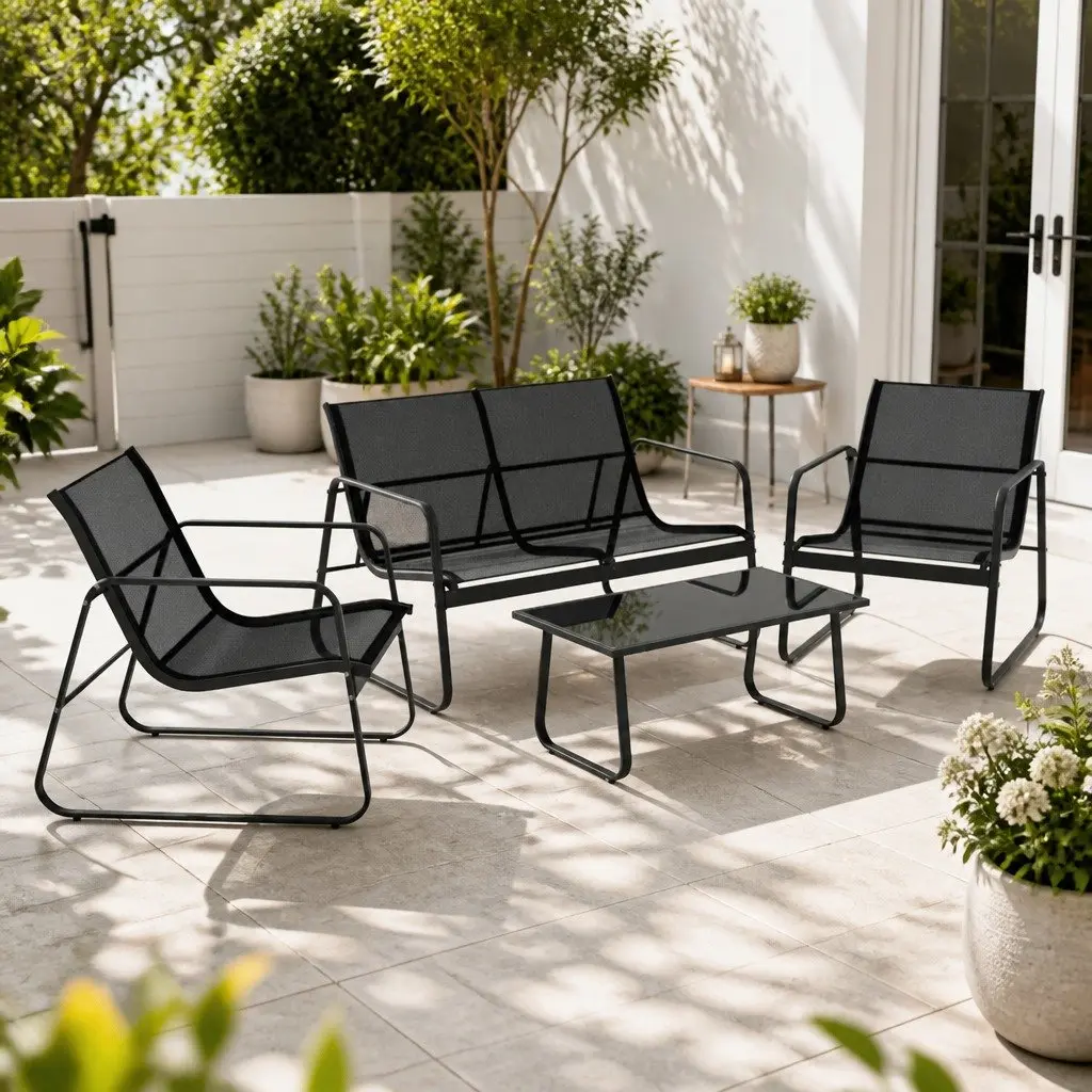 Outdoor Sofa Set Black 4 Piece Durable Powder Coated Steel Frame Weather Resistant Textilene Fabric Tempered Glass Tabletop