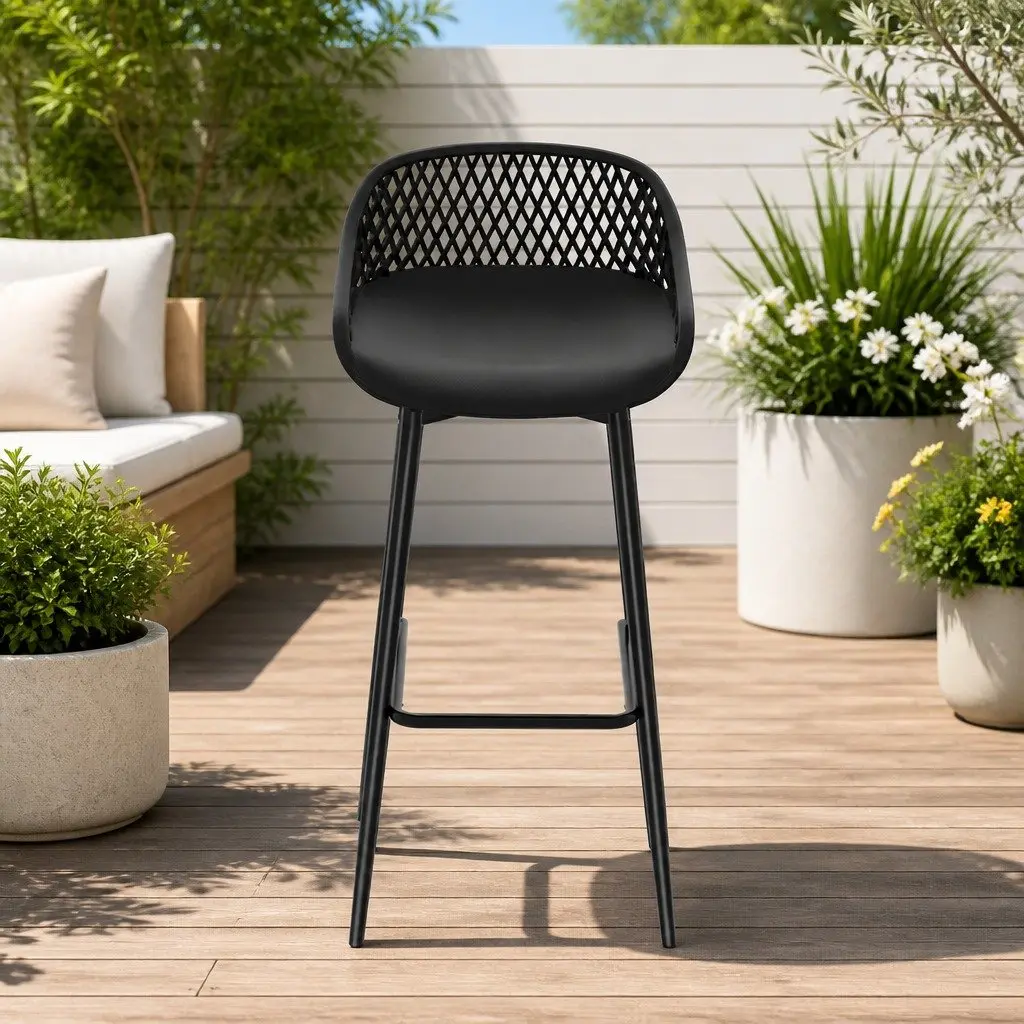Outdoor Bar Stools Black Plastic Seat Metal Frame Patio Furniture Modern Design