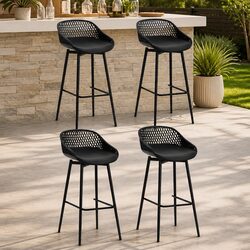 Outdoor Bar Stools Set of 4 Black Plastic Seat Metal Frame Backrest Footrest