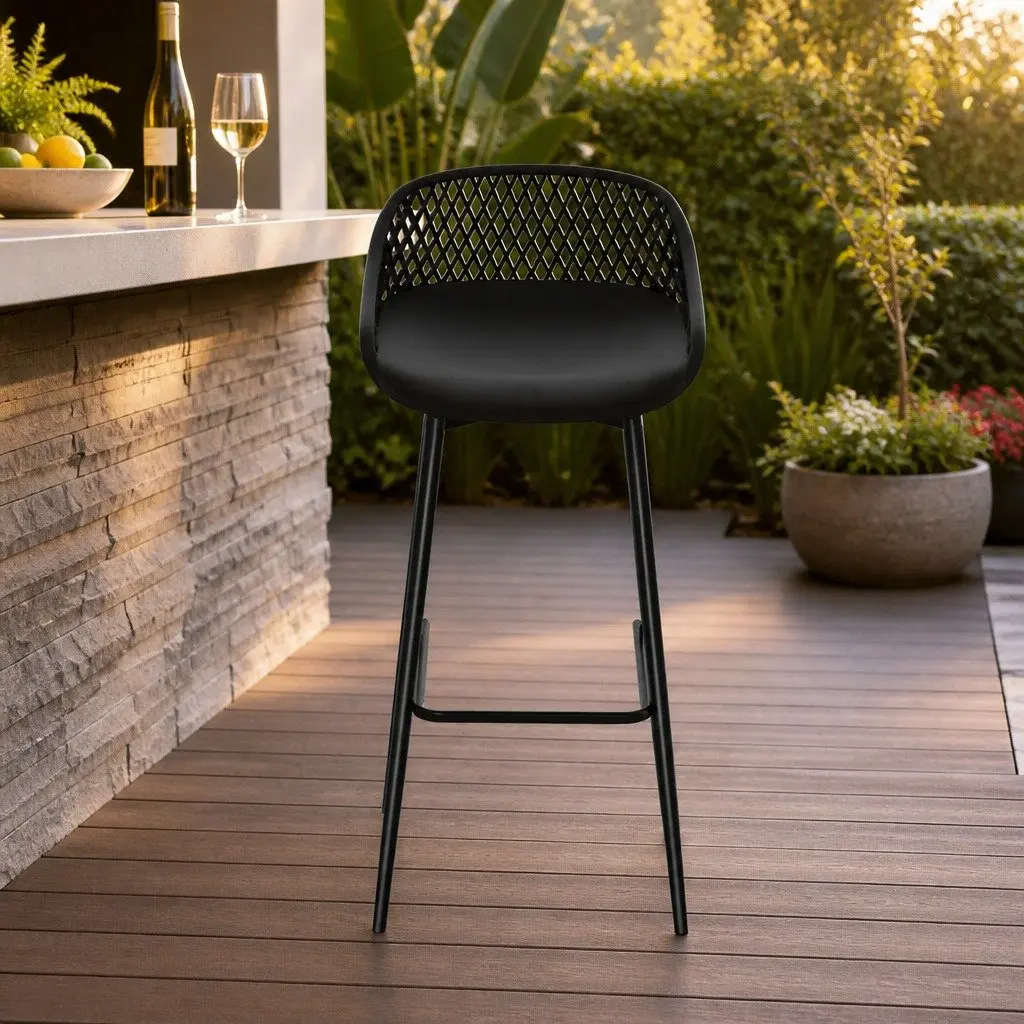 Outdoor Bar Stools Black 4 Piece Plastic Seat Metal Frame Backrest Footrest