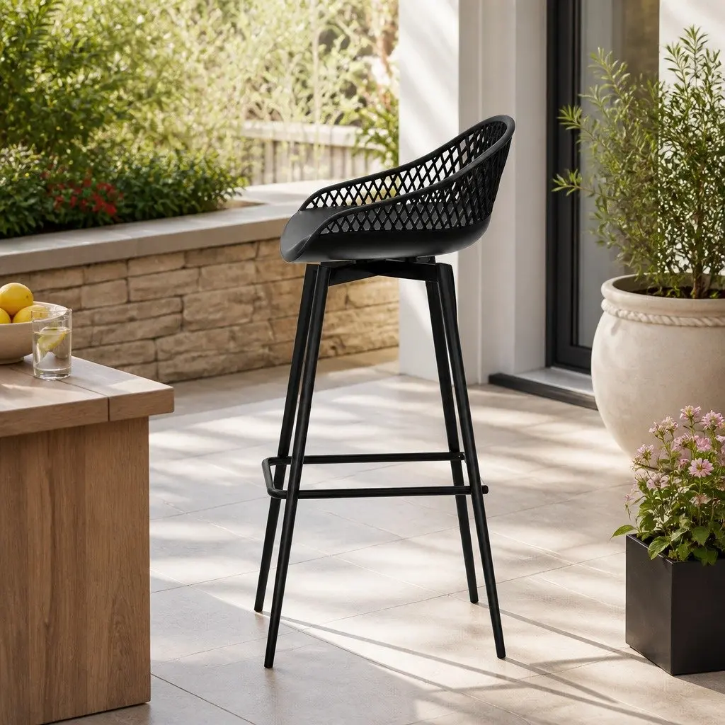 Outdoor Bar Stools Black 4 Piece Plastic Seat Metal Frame Backrest Footrest