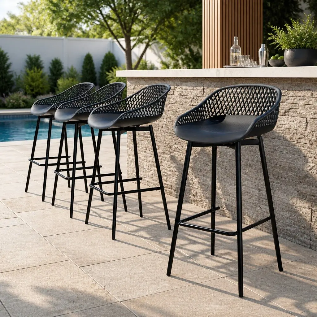 Outdoor Bar Stools Black 4 Piece Plastic Seat Metal Frame Backrest Footrest