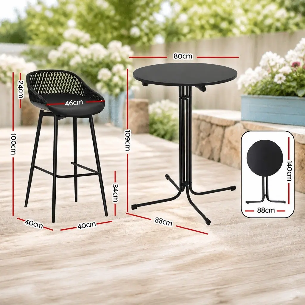 3-Piece Outdoor Bar Stools Dining Set Black Patio Bistro Table Chairs