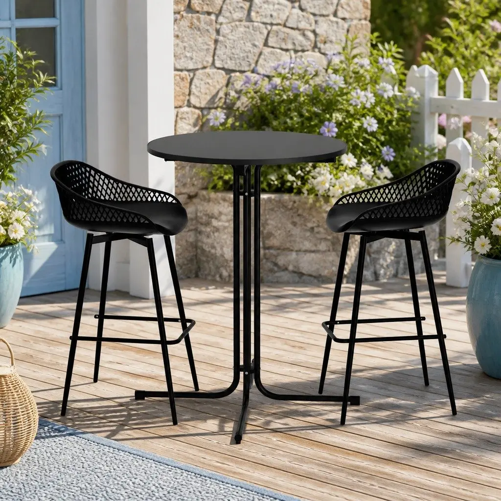3-Piece Outdoor Bar Stools Dining Set Black Patio Bistro Table Chairs