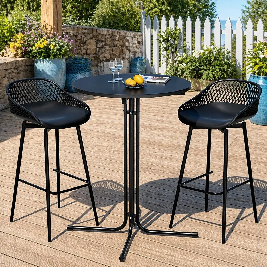3-Piece Outdoor Bar Stools Dining Set Black Patio Bistro Table Chairs