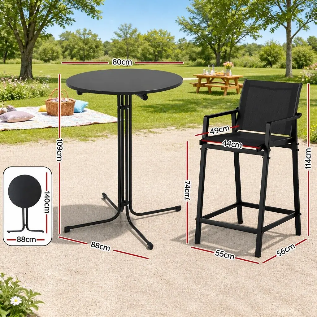 3 Piece Outdoor Bar Set Black Steel Frame High Backrest Stools Smooth Tabletop