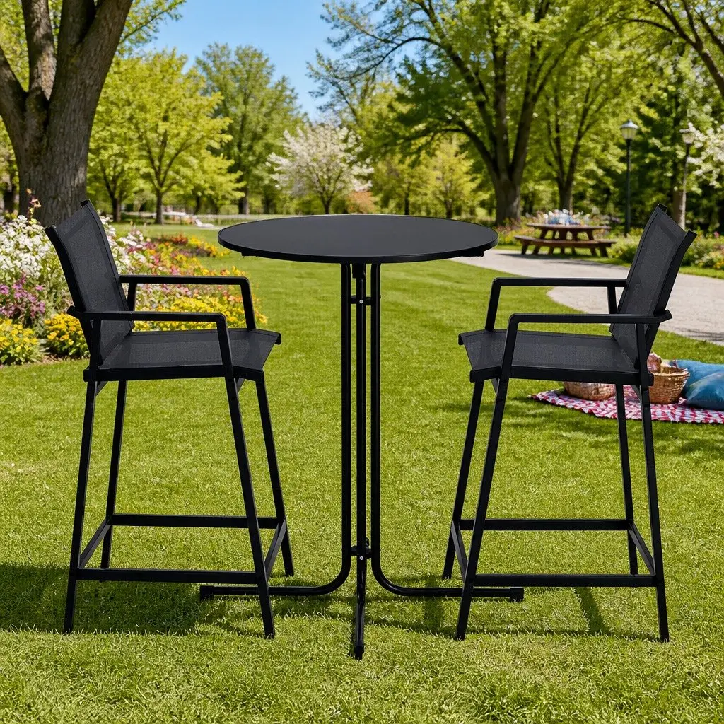 3 Piece Outdoor Bar Set Black Steel Frame High Backrest Stools Smooth Tabletop