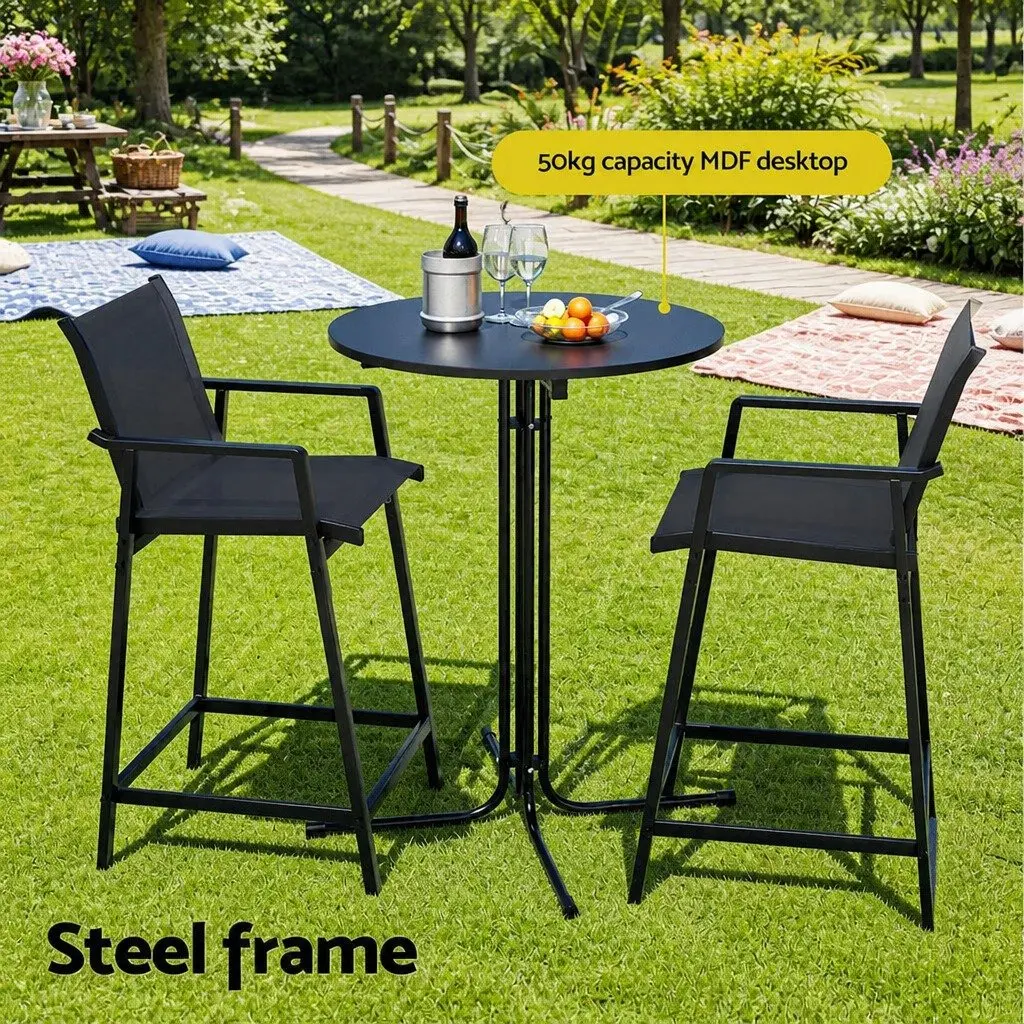 3 Piece Outdoor Bar Set Black Steel Frame High Backrest Stools Smooth Tabletop