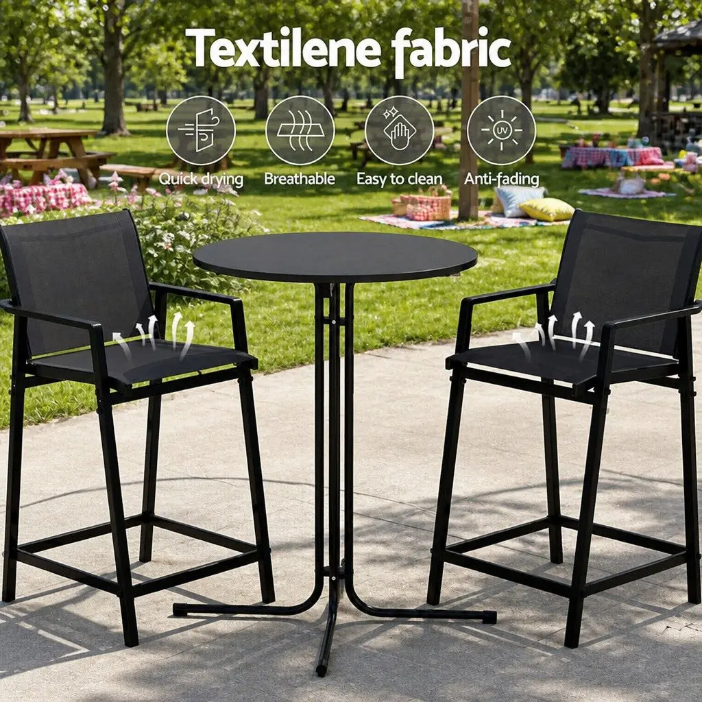 3 Piece Outdoor Bar Set Black Steel Frame High Backrest Stools Smooth Tabletop