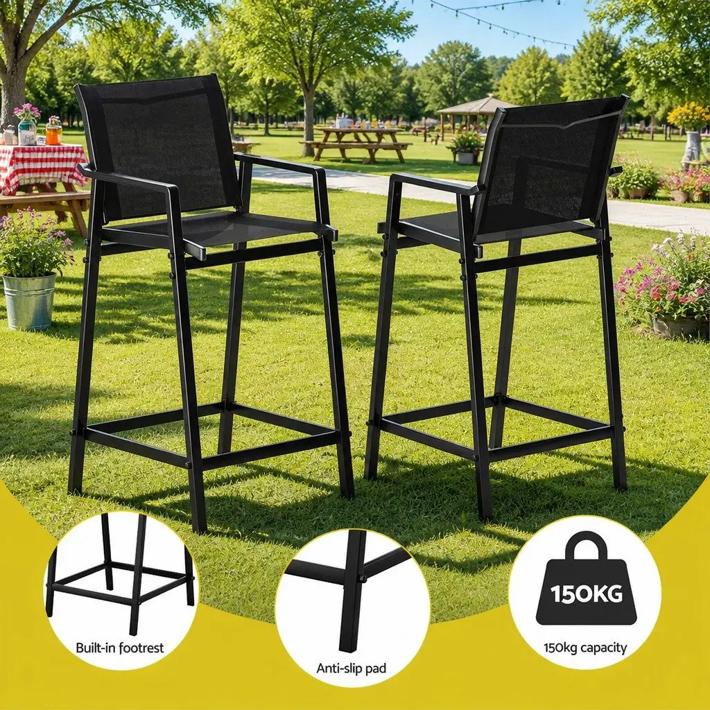 3 Piece Outdoor Bar Set Black Steel Frame High Backrest Stools Smooth Tabletop
