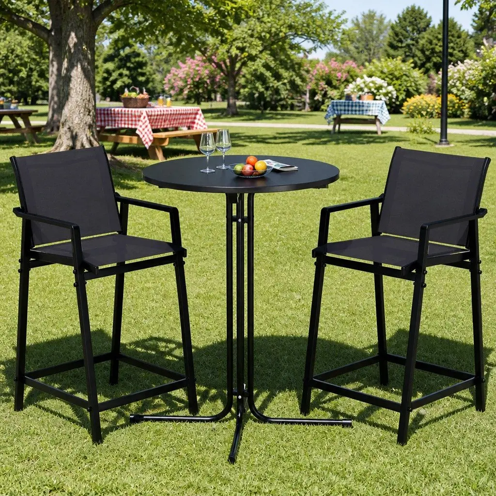 3 Piece Outdoor Bar Set Black Steel Frame High Backrest Stools Smooth Tabletop
