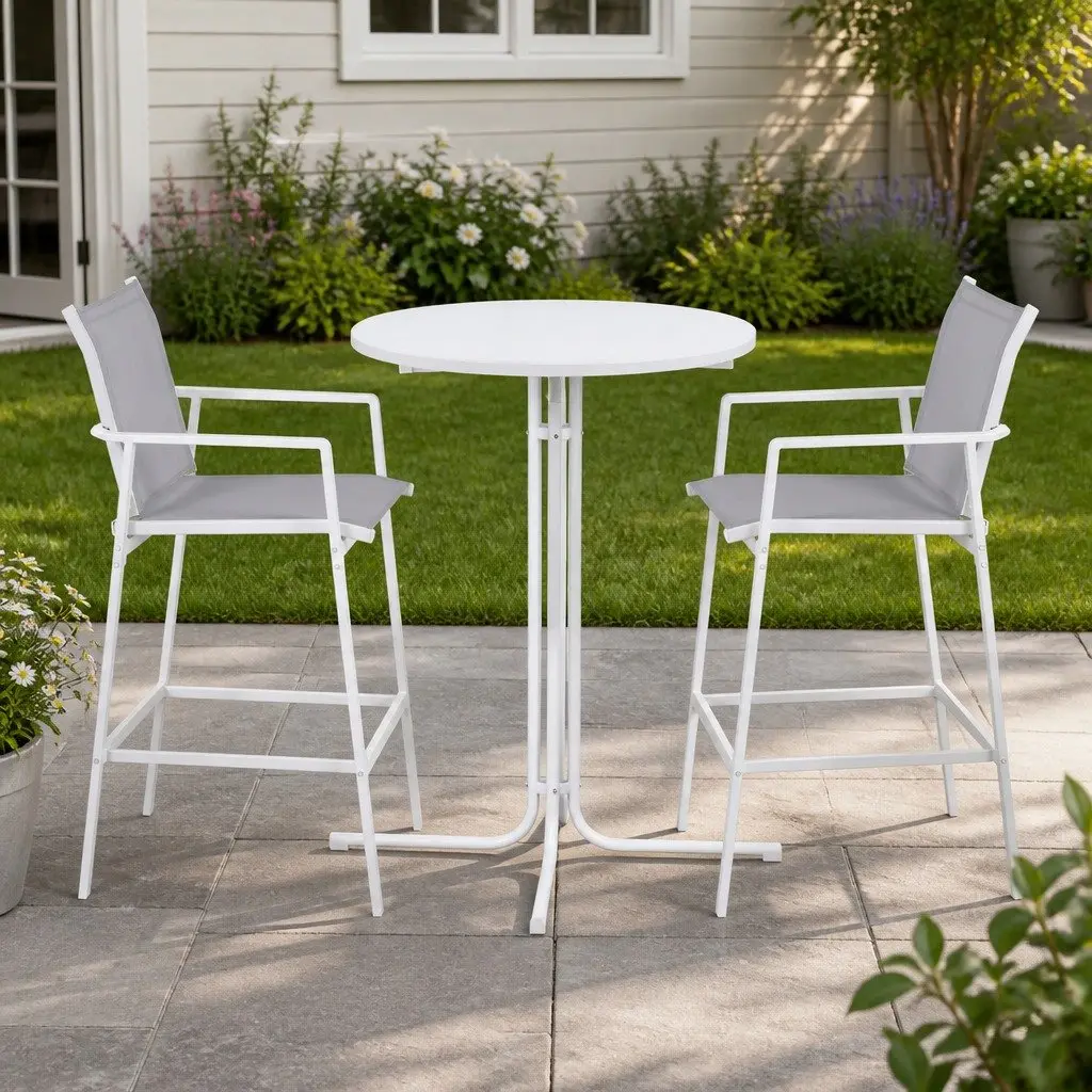 Outdoor Bar Stools Set White 3 Piece Bistro Table Chairs Weather Resistant Steel Frame