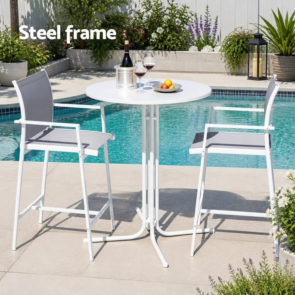 Outdoor Bar Stools Set White 3 Piece Bistro Table Chairs Weather Resistant Steel Frame