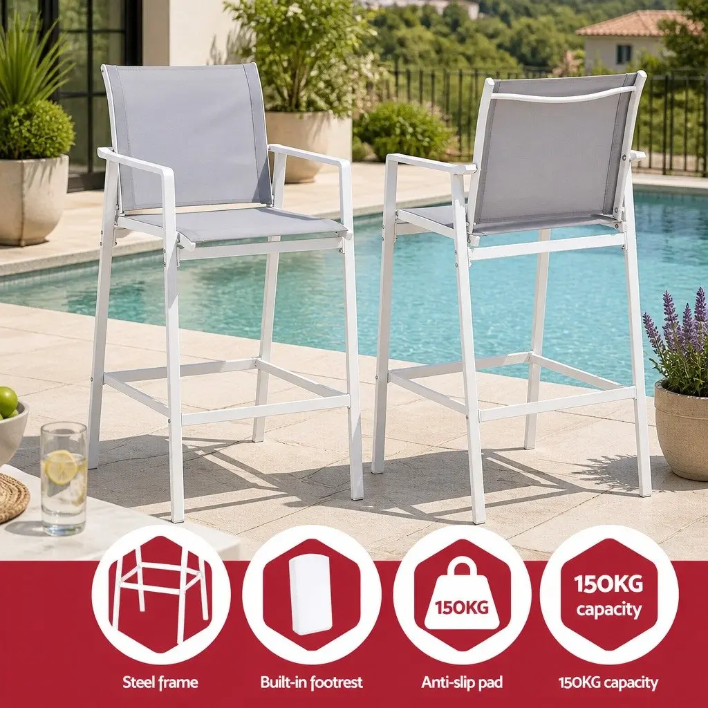 Outdoor Bar Stools Set White 3 Piece Bistro Table Chairs Weather Resistant Steel Frame