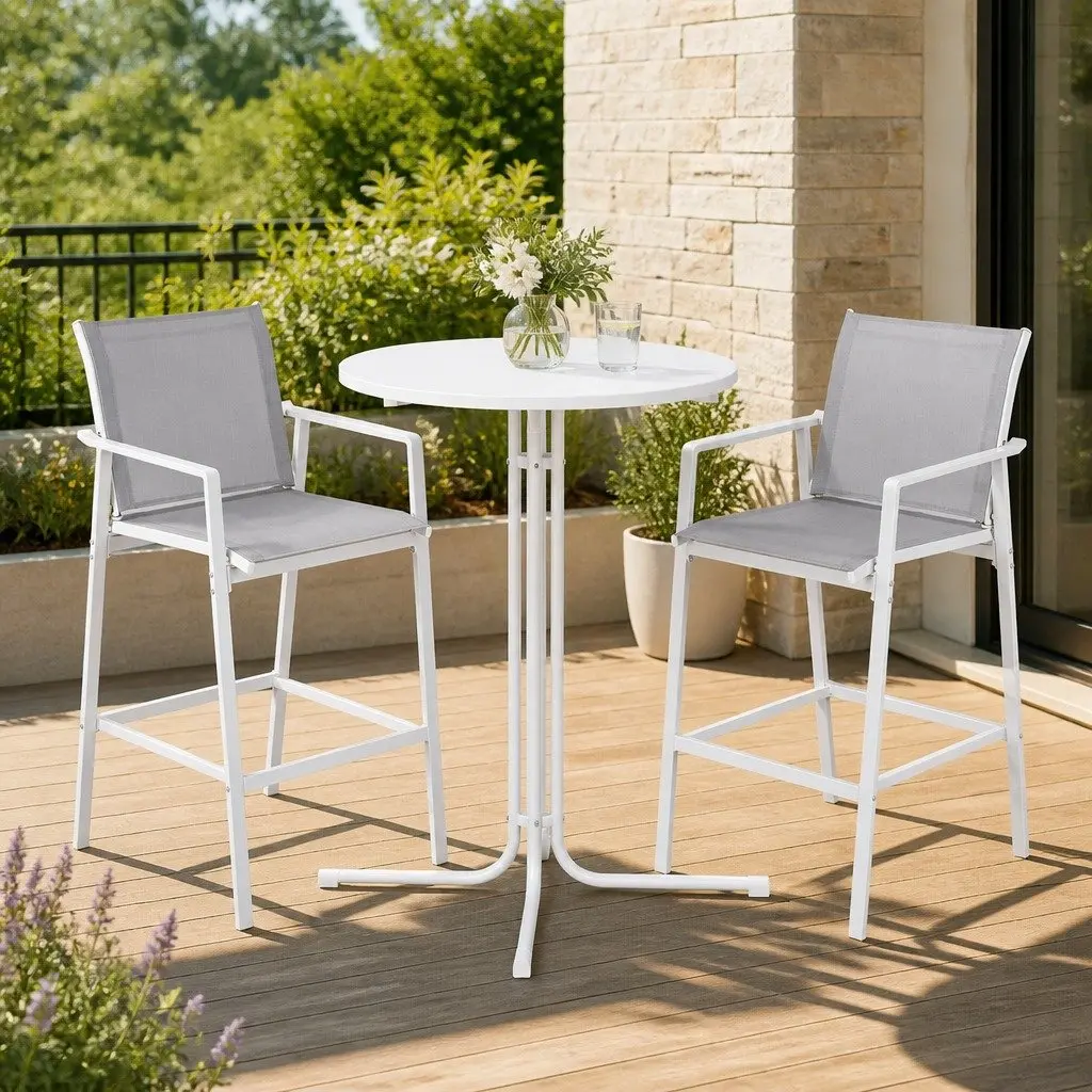 Outdoor Bar Stools Set White 3 Piece Bistro Table Chairs Weather Resistant Steel Frame