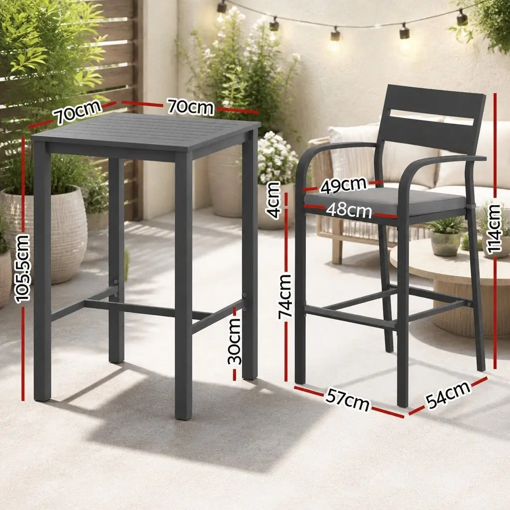 Outdoor Dining Set Black Grey 3 Piece Sturdy Aluminium Frame UV Resistant Weather Resistant