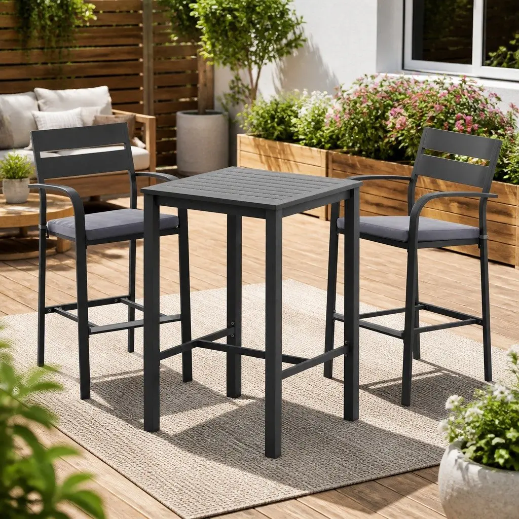 Outdoor Dining Set Black Grey 3 Piece Sturdy Aluminium Frame UV Resistant Weather Resistant