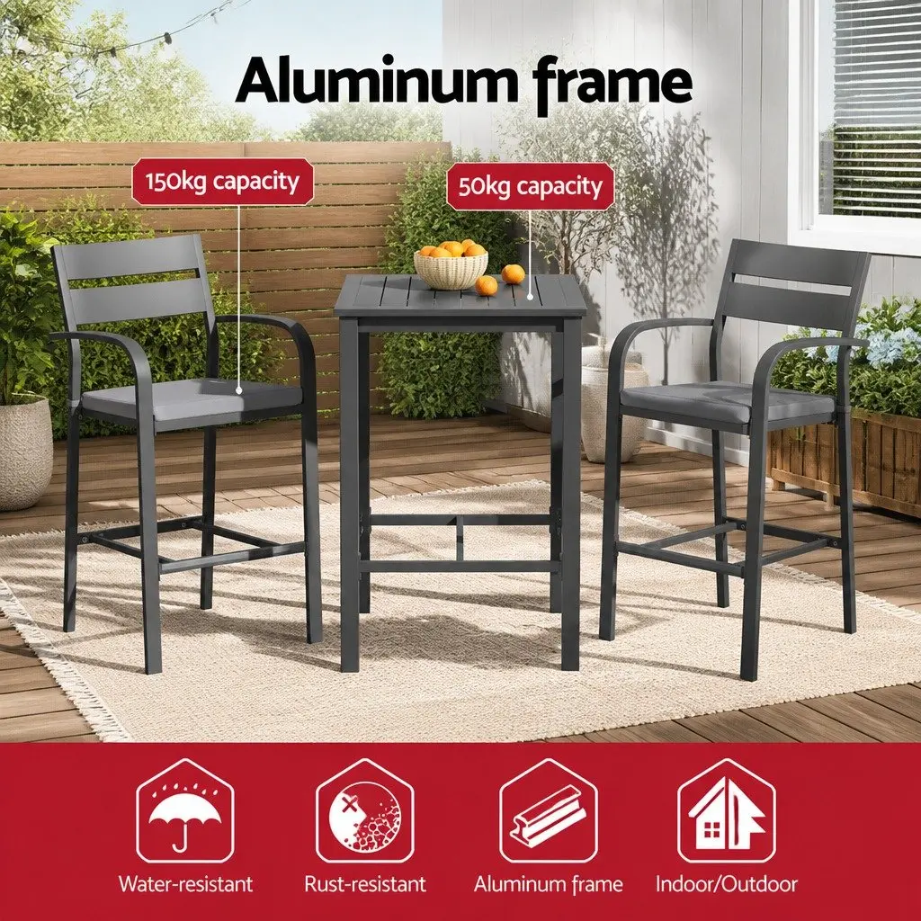 Outdoor Dining Set Black Grey 3 Piece Sturdy Aluminium Frame UV Resistant Weather Resistant