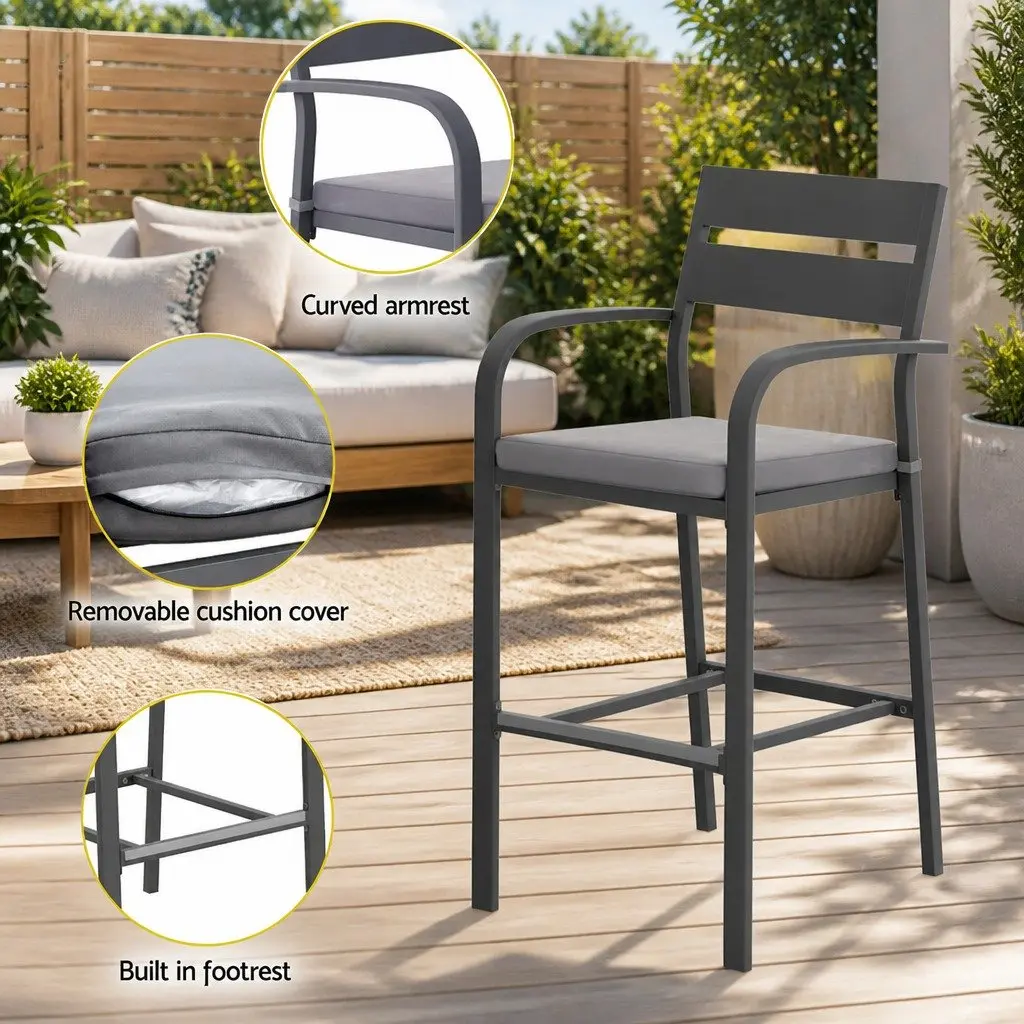 Outdoor Dining Set Black Grey 3 Piece Sturdy Aluminium Frame UV Resistant Weather Resistant