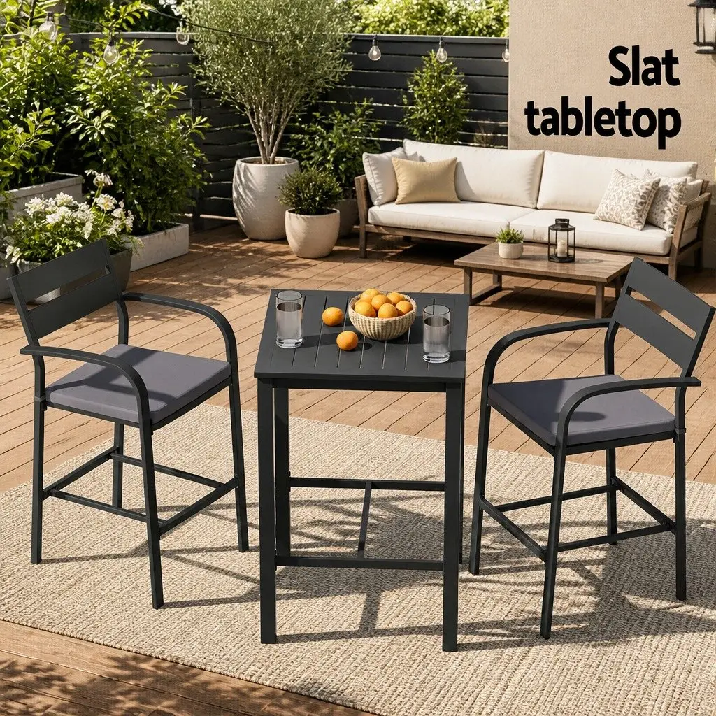 Outdoor Dining Set Black Grey 3 Piece Sturdy Aluminium Frame UV Resistant Weather Resistant