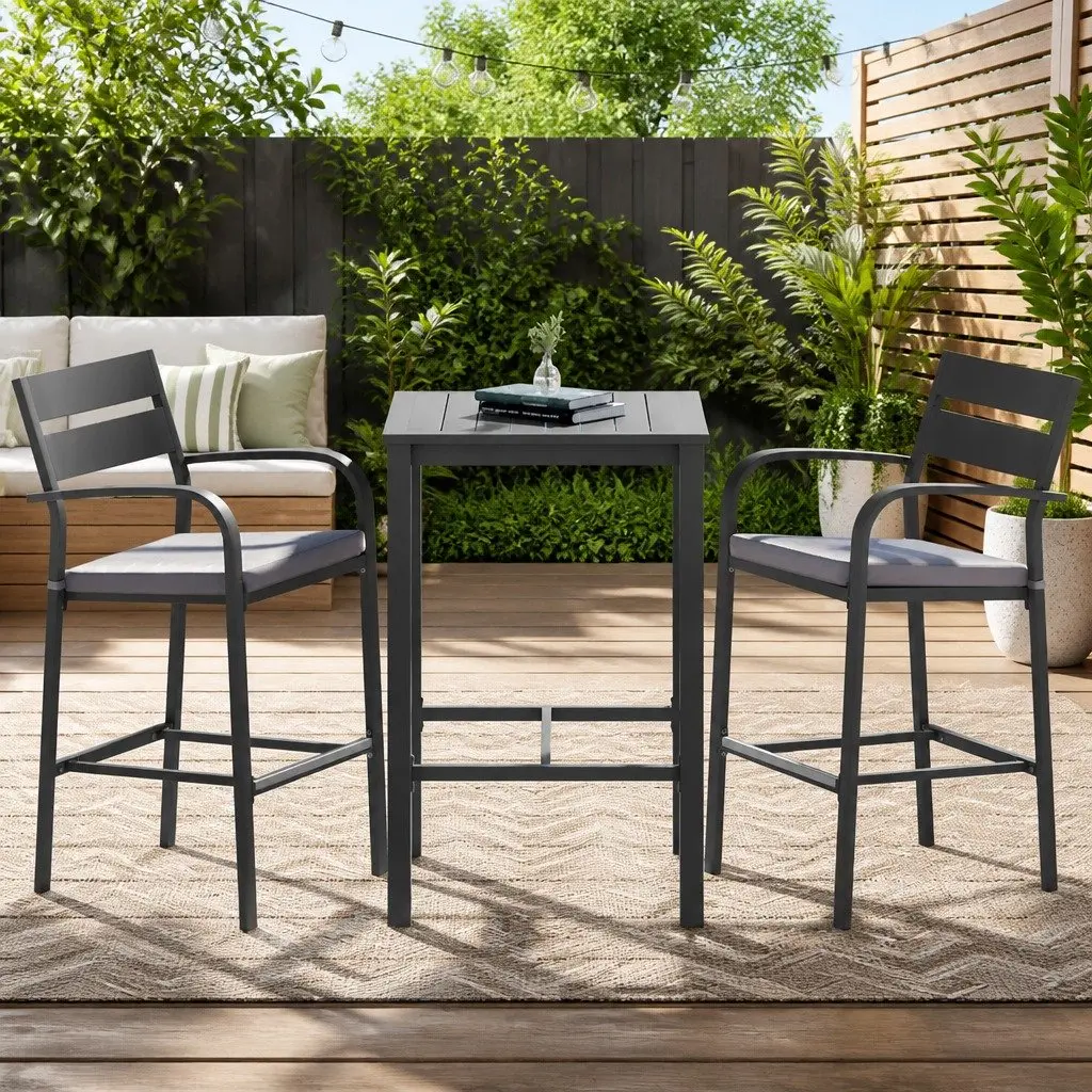 Outdoor Dining Set Black Grey 3 Piece Sturdy Aluminium Frame UV Resistant Weather Resistant