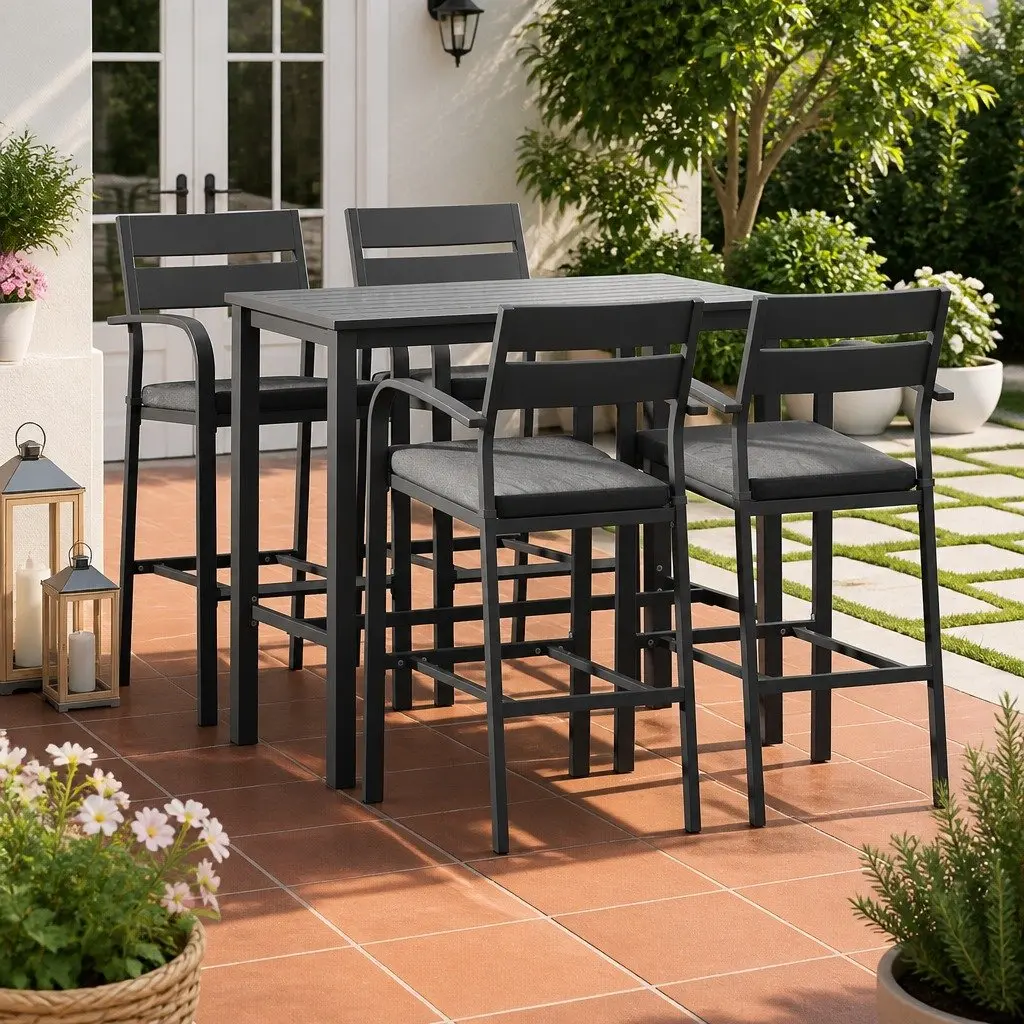 Outdoor Dining Set Dark Grey 5 Piece High Table Chairs with Cushions