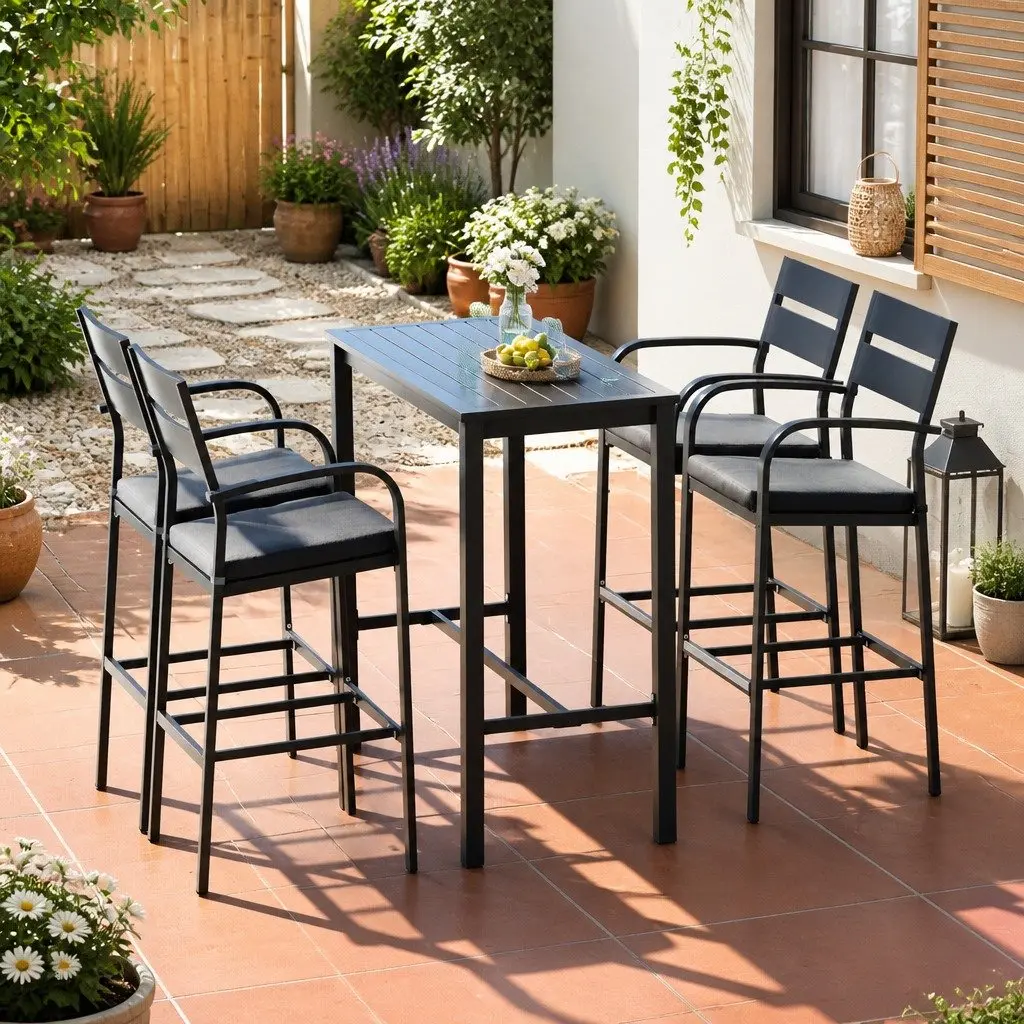 Outdoor Dining Set Dark Grey 5 Piece High Table Chairs with Cushions