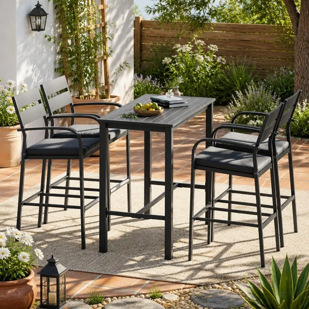 Outdoor Dining Set Dark Grey 5 Piece High Table Chairs with Cushions