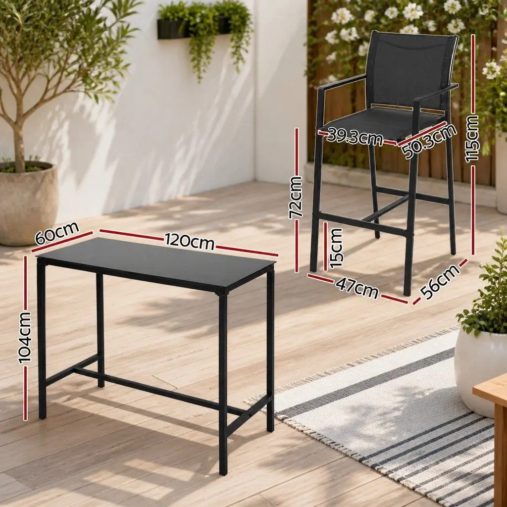 7 Piece Black Outdoor Bar Stools Dining Set with Table High-Back Stools Steel Glass