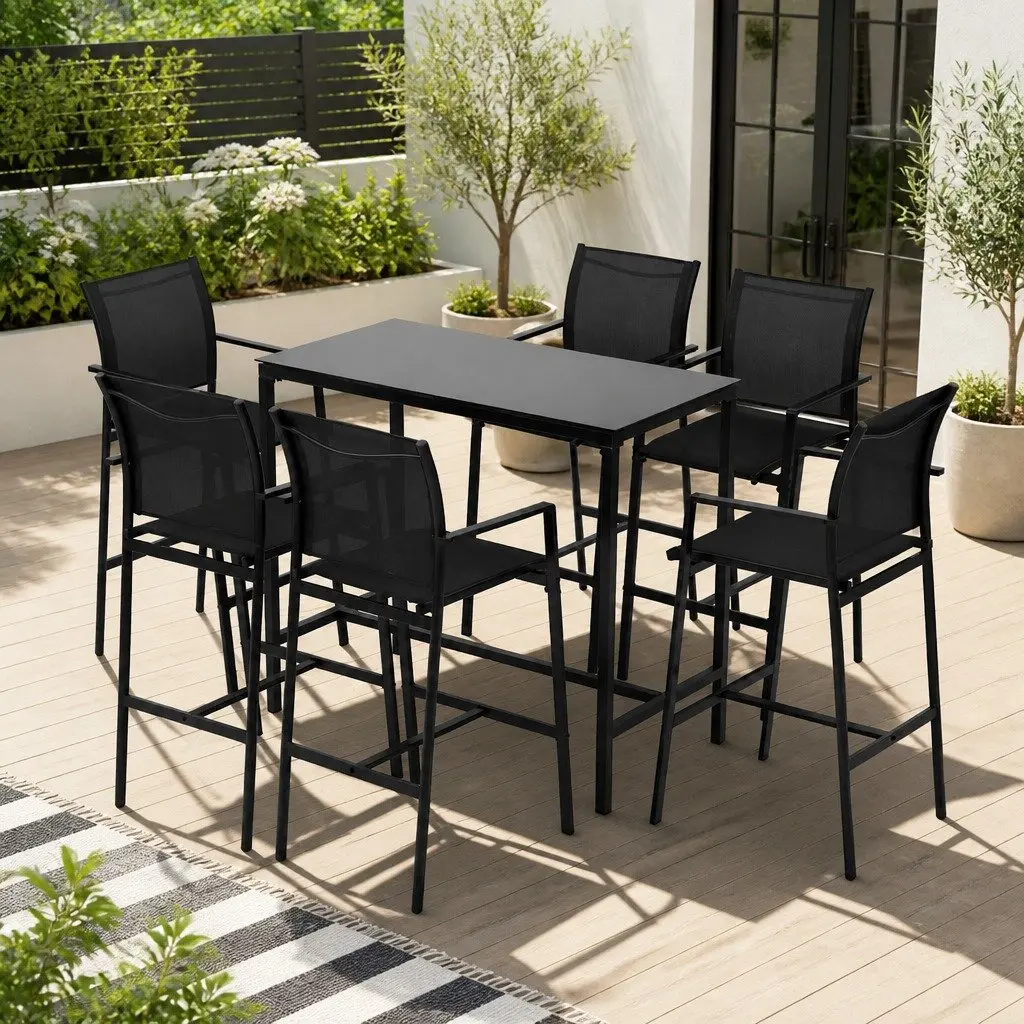 7 Piece Black Outdoor Bar Stools Dining Set with Table High-Back Stools Steel Glass